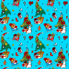 Christmas background with Christmas trees, sleigh and snowman, seamless