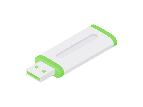 Usb Flash Drive Isometric Icon. Digital Storage On Portable White Device With Green Stripes.