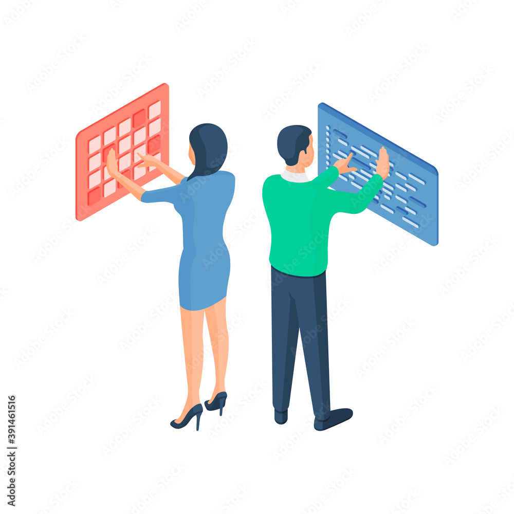 Poster website development and programming isometric vector illustration. male and female characters set up