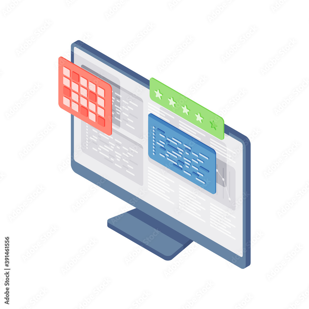 Poster website rating isometric icon. monitor with quality stars and coding program.