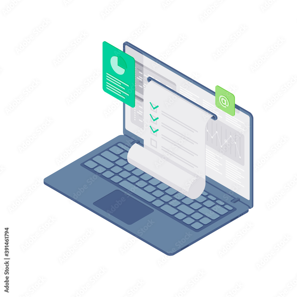 Poster online statistical testing isometric vector illustration. notebook with drop down sheet with check m