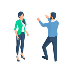 Managers discussing creative idea isometric vector illustration. Male character talking enthusiastically with his hands up.