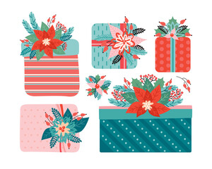 Set of Gifts with a bow is decorated with Christmas floral elements. Happy Christmas and new year. Poinsettia, Needles, flowers, leaves, berries. Trendy retro style. Hand drawn vector illustration.