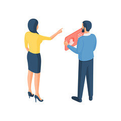 People customize user web cabinet isometric vector illustration. Male and female characters looking for best place post their online profile.