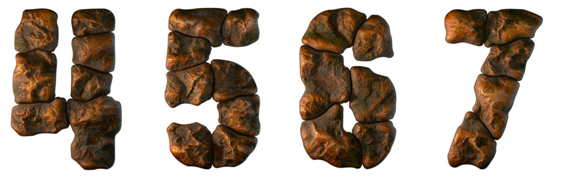 Set of rocky numbers 4, 5, 6, 7 Font of stone on white background. 3d