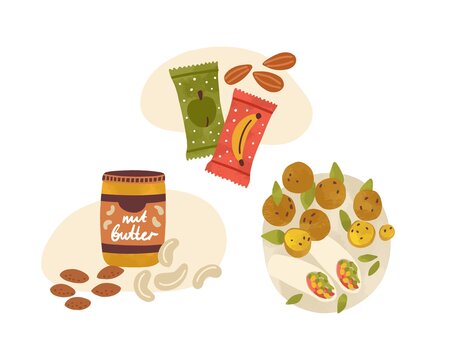 Flat vector cartoon illustration of vegetarian snacks and desserts. Vegan nutritious food composition isolated on white. Lunch with nuts, peanut butter, fruit energy bars and falafel wrap