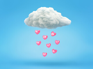 White cloud with rain of pink hearts on blue background