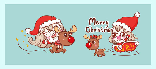 Cute Santa Claus riding reindeer and happy isolated on Merry Christmas background with characters design. © Lemonsoup14