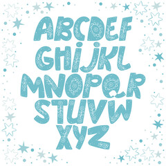 English alphabet. Paisley ornament letters. Square frame. Stars, snowflakes and dots. Isolated vector objects on white background.
