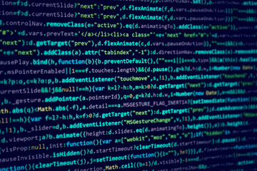 Screen with software developer code. JS
Javascript