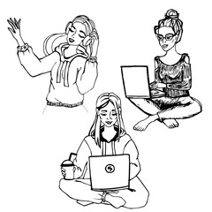 Set of fashionable girls working on laptop and listening to music on headphones, Trendy vector doodles of people, Collection of characters of modern women hand-drawn.