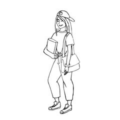 Girl in a baseball cap in a white T-shirt and blue jeans with a book in her hands and a bag on her shoulder, a female student with a bag and a book in her hand, illustration in doodle style hand-drawn