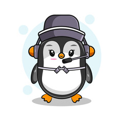 cute penguin to be news anchor and wearing headset, animal theme, mascot, sticker, eps 10, cartoon illustration