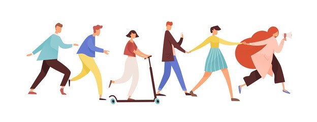 Concept of influencer and leader. Female character holding megaphone leading a group of people isolated on white. Refer a friend and marketing. Vector illustration in flat cartoon style