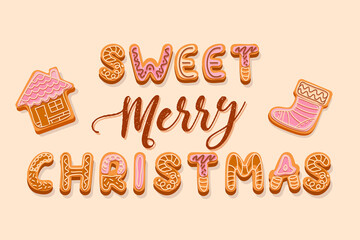 Christmas gingerbread cookies lettering Sweet Merry Christmas greeting slogan