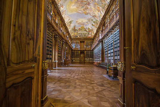 Prague, Czech Republic - December 16, 2019: Library of Strahov Monastery (Strahovsky Klaster) interior of One of the most beautiful libraries in the world