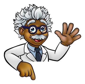 A cartoon scientist professor wearing lab white coat waving above sign and pointing at it