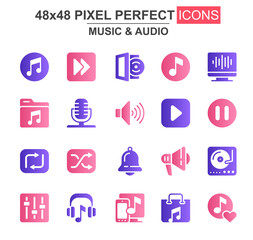 Music and audio glyph icon set. Vinyl record player, mixer, equalizer, headphone, loudspeaker, microphone unique icons. Flat vector bundle for UI UX design. 48x48 pixel perfect GUI pictograms pack.