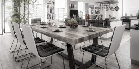 Luxury Residential Loft Interior Design - panoramic black and white 3d visualization