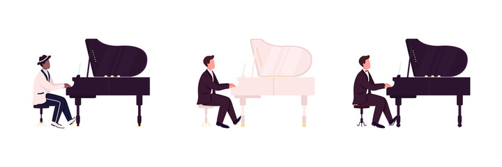African and caucasian piano players flat color vector faceless character set. Classical, jazz musician. Live music concert isolated cartoon illustration for web graphic design and animation collection