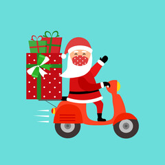 Santa Claus wearing medical face mask riding motorbike and holding gift in flat design. Merry Christmas concept vector illustration. Xmas holiday celebration.