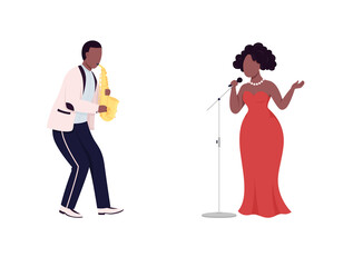 African jazz band flat color vector faceless character set. Saxophone player. Woman singer. Blues live performance isolated cartoon illustration for web graphic design and animation collection