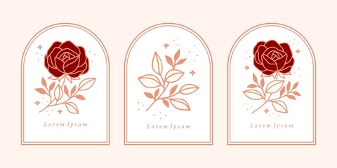 Hand drawn vintage pink botanical rose flower logo template and feminine beauty brand element collection