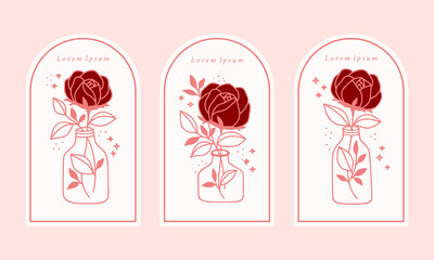 Hand drawn vintage pink botanical rose flower logo template, jar, bottle, and feminine beauty brand element collection - obrazy, fototapety, plakaty