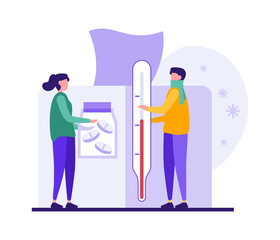 Cartoon woman taking care of ill boyfriend