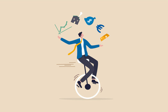 Financial advisor, professional investment expertise concept, smart businessman investor juggling finance asset, real estate, currency, gold, saving and stock market graph riding unicycle one wheel.