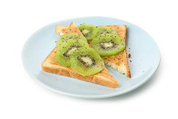 Plate with toasts with kiwi isolated on white background