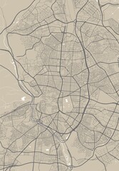 Detailed map of Madrid city, linear print map. Cityscape panorama.
