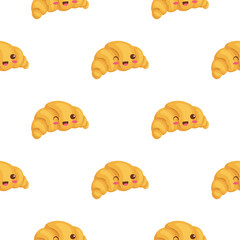 Kawaii Croissant seamless pattern. Cute vector illustration. Funny smiling bakery characters isolated on white background. Use for cafe decorations, food hall menu, t-shirt print, wrapping paper.