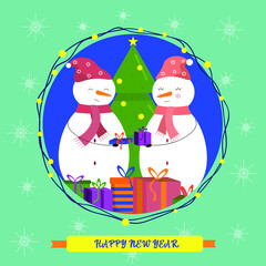 christmas card with snowman and tree