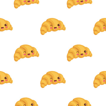 Kawaii Croissant seamless pattern. Cute vector illustration. Funny smiling bakery characters isolated on white background. Use for cafe decorations, food hall menu, t-shirt print, wrapping paper.