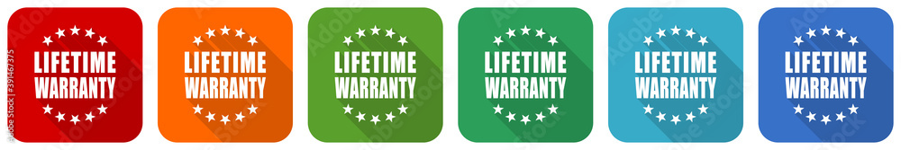 Poster Lifetime warranty icon set, flat design vector illustration in 6 colors options for webdesign and mobile applications