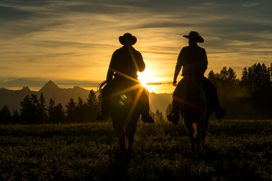 Two cowboys riding across grassland in early morning