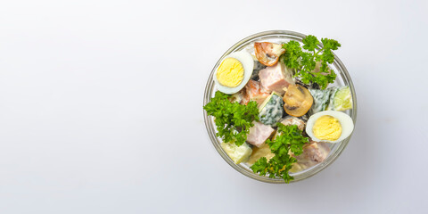 Healthy food - mix vegetable salad served in a bowl over white background. Healthy eating, delicious snack or dinner.