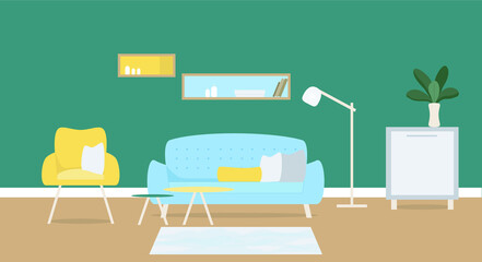 Modern living room interior with yellow armchair and blue sofa, floor lamp, bedside table, flowers, wall shelves. Vector illustration