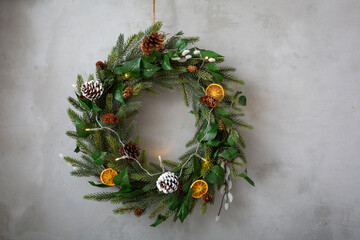 Christmas decorations, close up of Christmas wreath with ornaments.