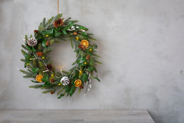Christmas decorations, close up of Christmas wreath with ornaments.