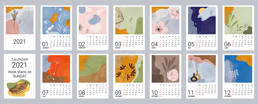 Calendar Template For 2021. Vertical Design With Abstract Natural Patterns. Editable Vector Illustration, Set Of 12 Months With Cover. Week Starts On Sunday.