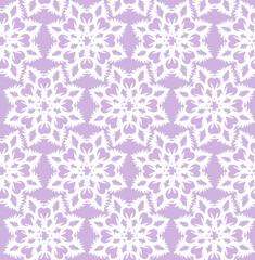 ornate paper snowflakes - vector pattern of white silhouettes of snowflakes on a lilac background