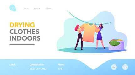 Tiny Female Characters Drying Wet Clothes Landing Page Template. Women Hang Clean Wet Clothing on Rope, Household Chores