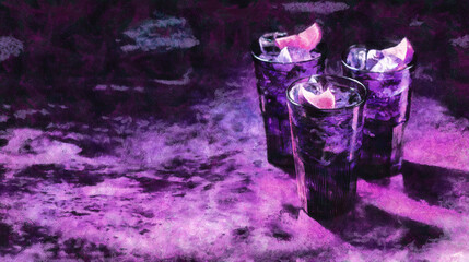 Alcoholic drink with lemon and ice. Purple lighting. Artistic work on the topic of drinks