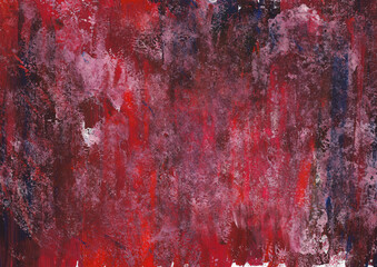 Dark pink , red, blue and white gouache hand drawn background with splashes of color. Abstract colorful brush strokes surface.