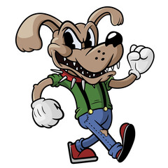 funny and stern cartoon dog is walking. Animal character vector
