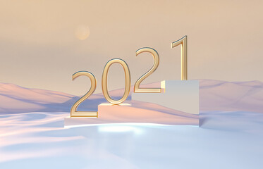 Golden Happy new year 2021 text on winter background.  3d render.