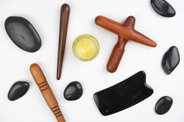 Massage tools set pattern on white background. Spa, body care, wellness, health concept. Top view, flat lay, copy space