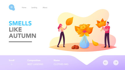 Tiny Characters Collecting Autumn Bouquet Landing Page Template. People Put Fallen Leaves, Flowers and Berries into Vase